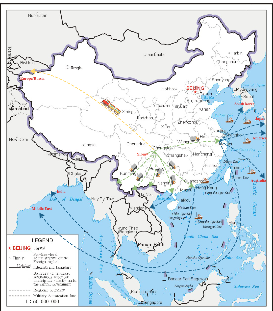 Yibin China global export routes to Asia, Europe, Americas, Middle East